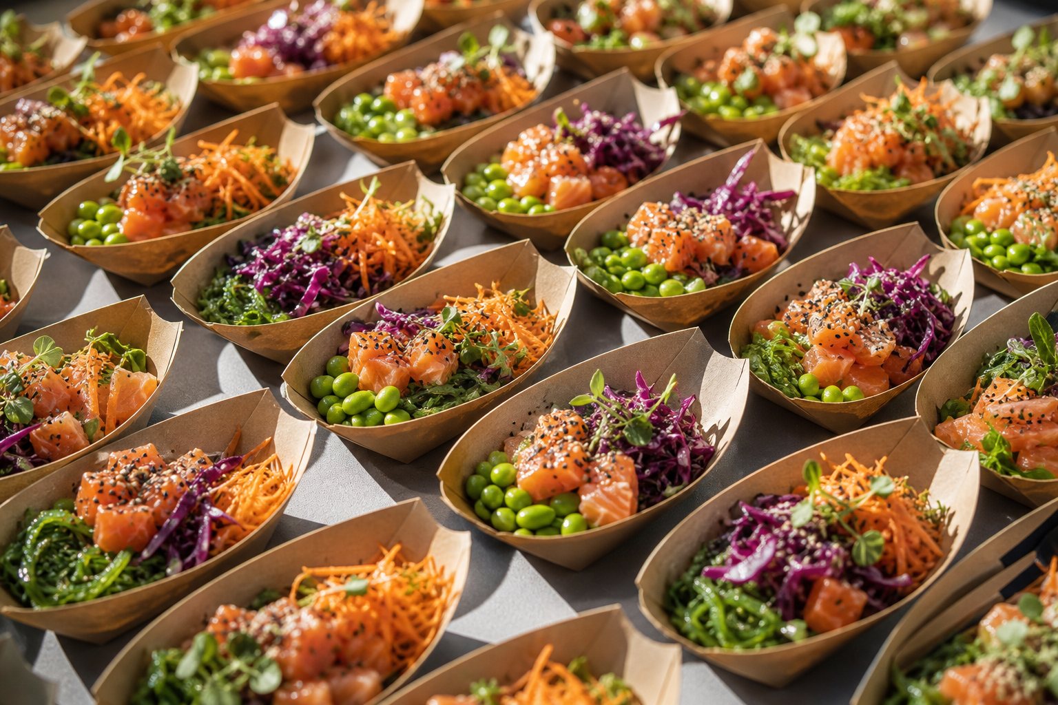Frisch angerichtete Poke Bowls für ein Event-Catering