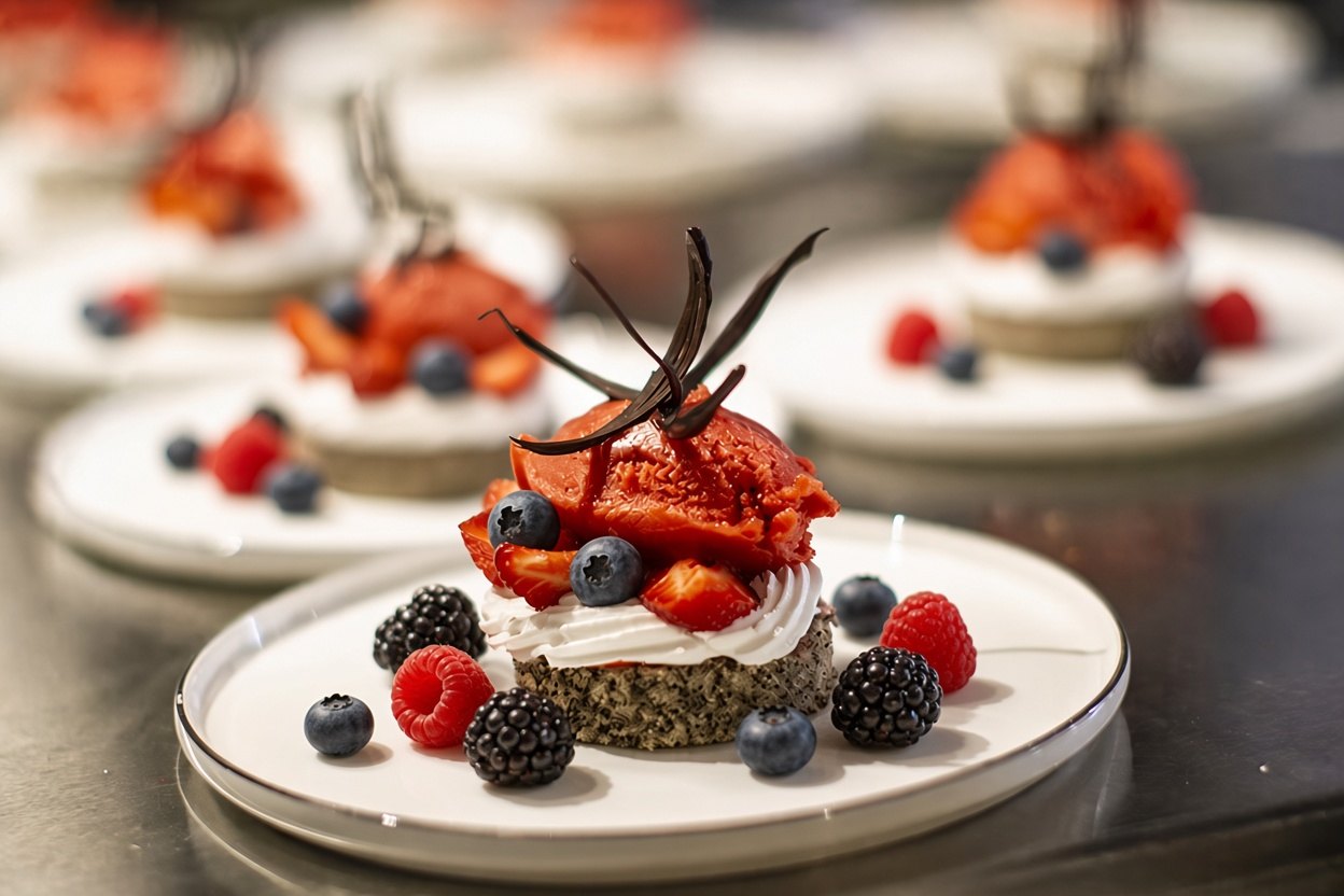 Angerichtetes Dessert mit Sorbet, frischen Beeren und Mohnboden