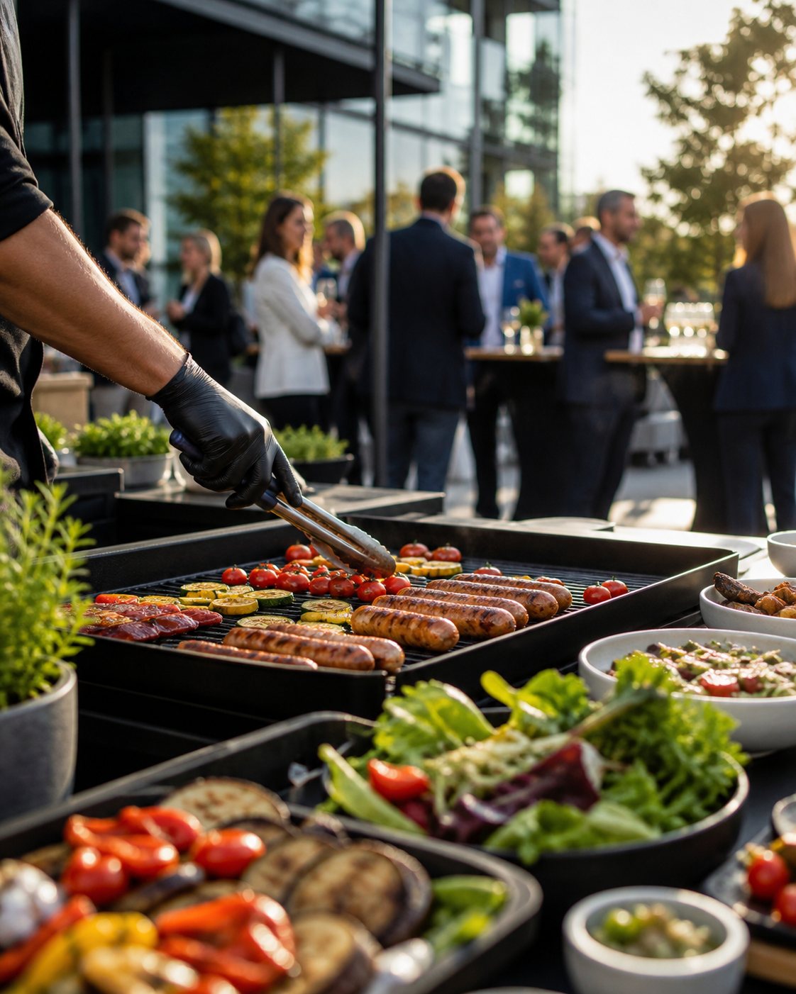 Live-Grillstation mit Würstchen und Gemüse bei einem Firmenevent im Freien